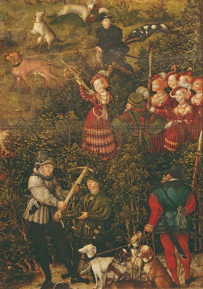 La electora Sibila de Sajonia preparándose para disparar con su ballesta en la cacería en honor del emperador Carlos V cerca del castillo de Hartenfels, Torgau, 1544 de Lucas Cranach the Elder